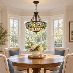 Chandelier, 5-Light, Stained Glass Shade in Matte Black