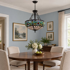 Chandelier, 5-Light, Stained Glass Shade in Matte Black