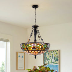 Chandelier, 5-Light, Stained Glass Shade in Matte Black