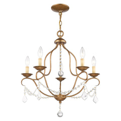 Chandelier, 5-Light Steel and Crystal in Antique Gold Leaf