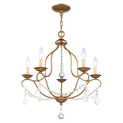 Chandelier, 5-Light Steel and Crystal in Antique Gold Leaf