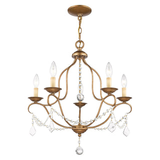 Chandelier, 5-Light Steel and Crystal in Antique Gold Leaf