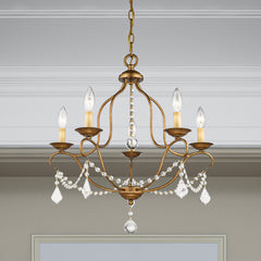 Chandelier, 5-Light Steel and Crystal in Antique Gold Leaf