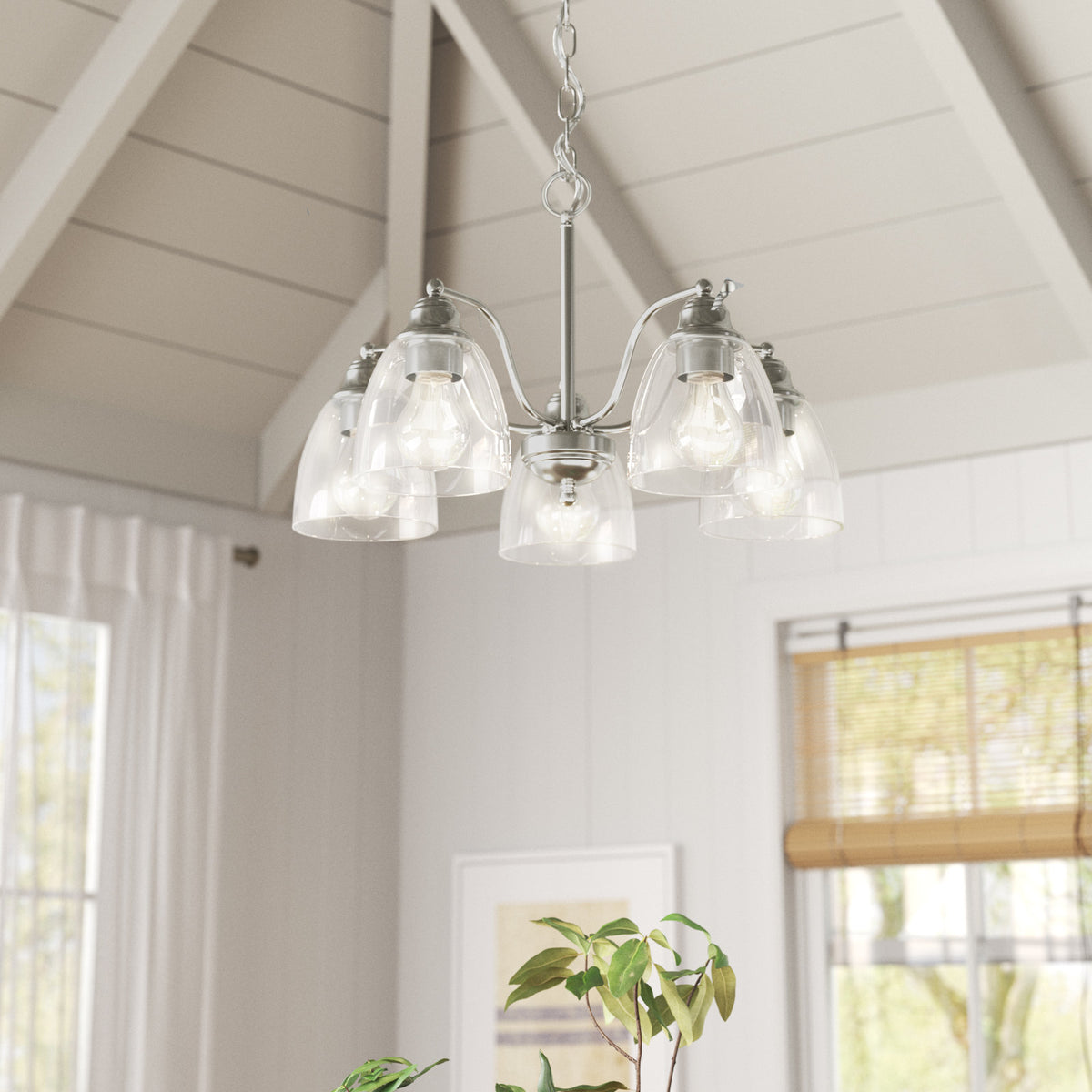 Chandelier, 5-Light Steel with Clear Glass Shades in Brushed Nickel