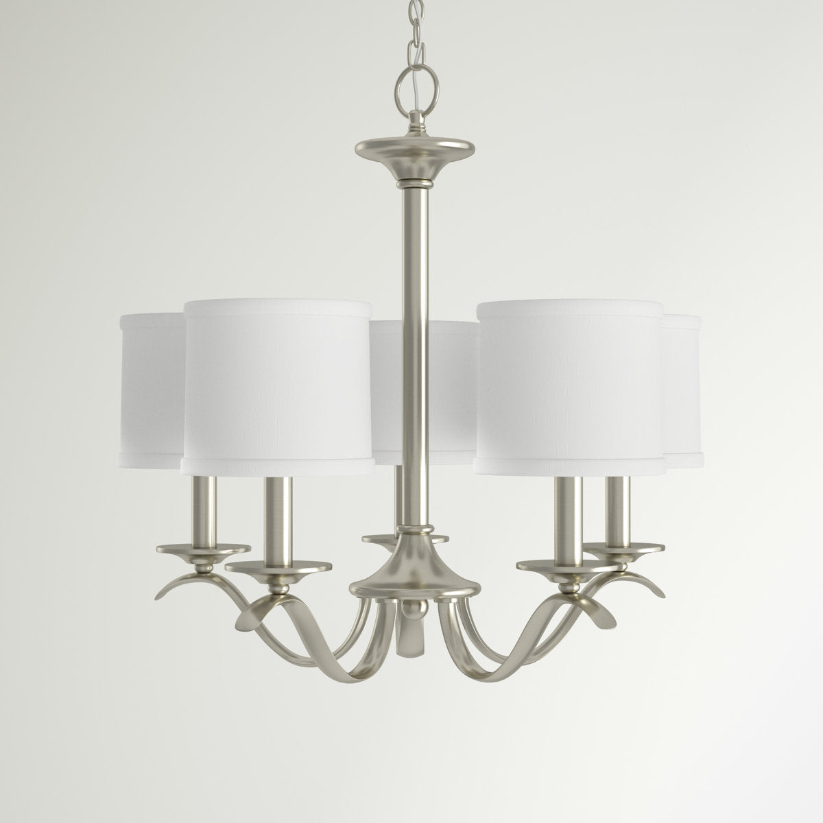 Chandelier, 5-Light Steel with Fabric Drum Shades in Brushed Nickel