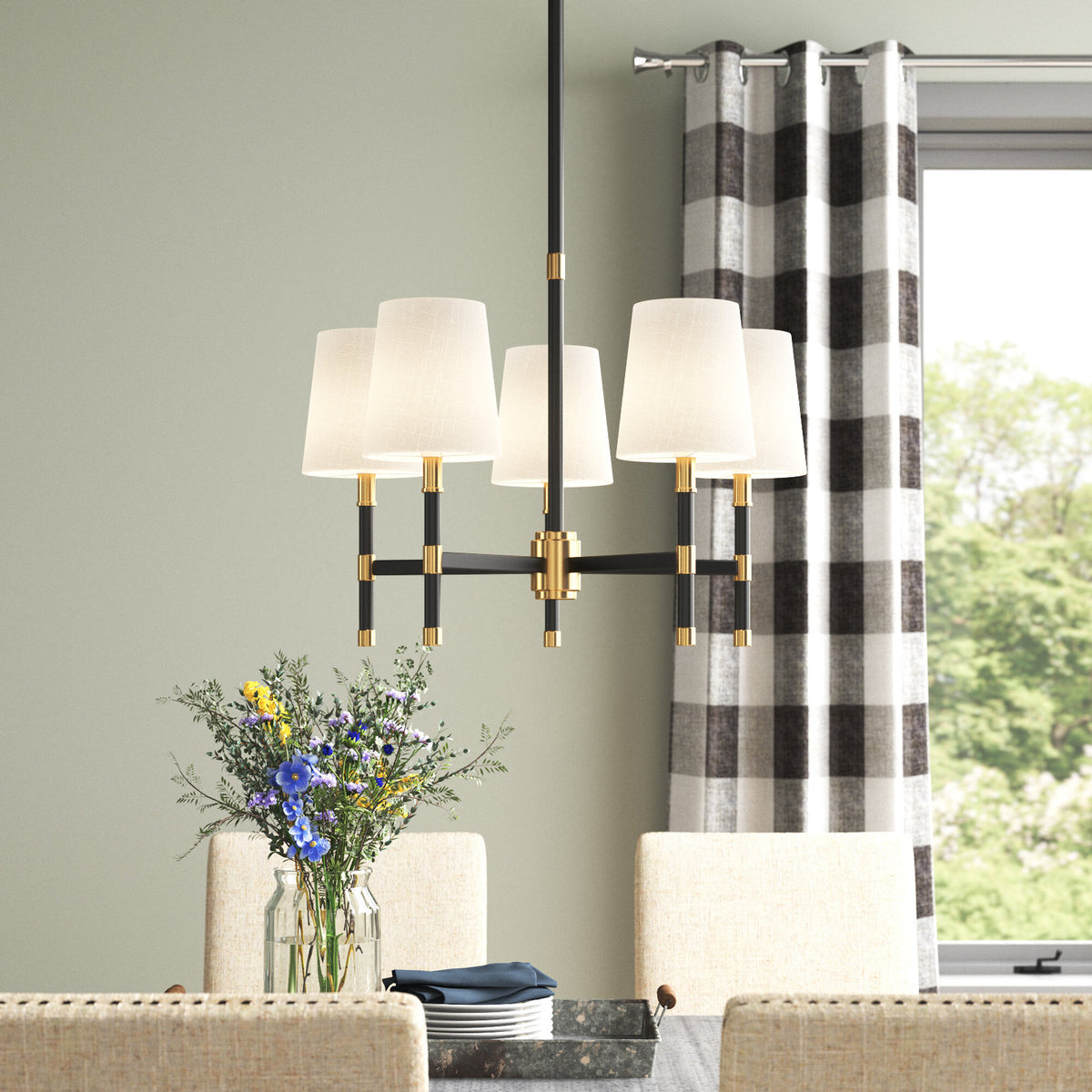 Chandelier, 5-Light, Steel with White Linen-Blend Shades