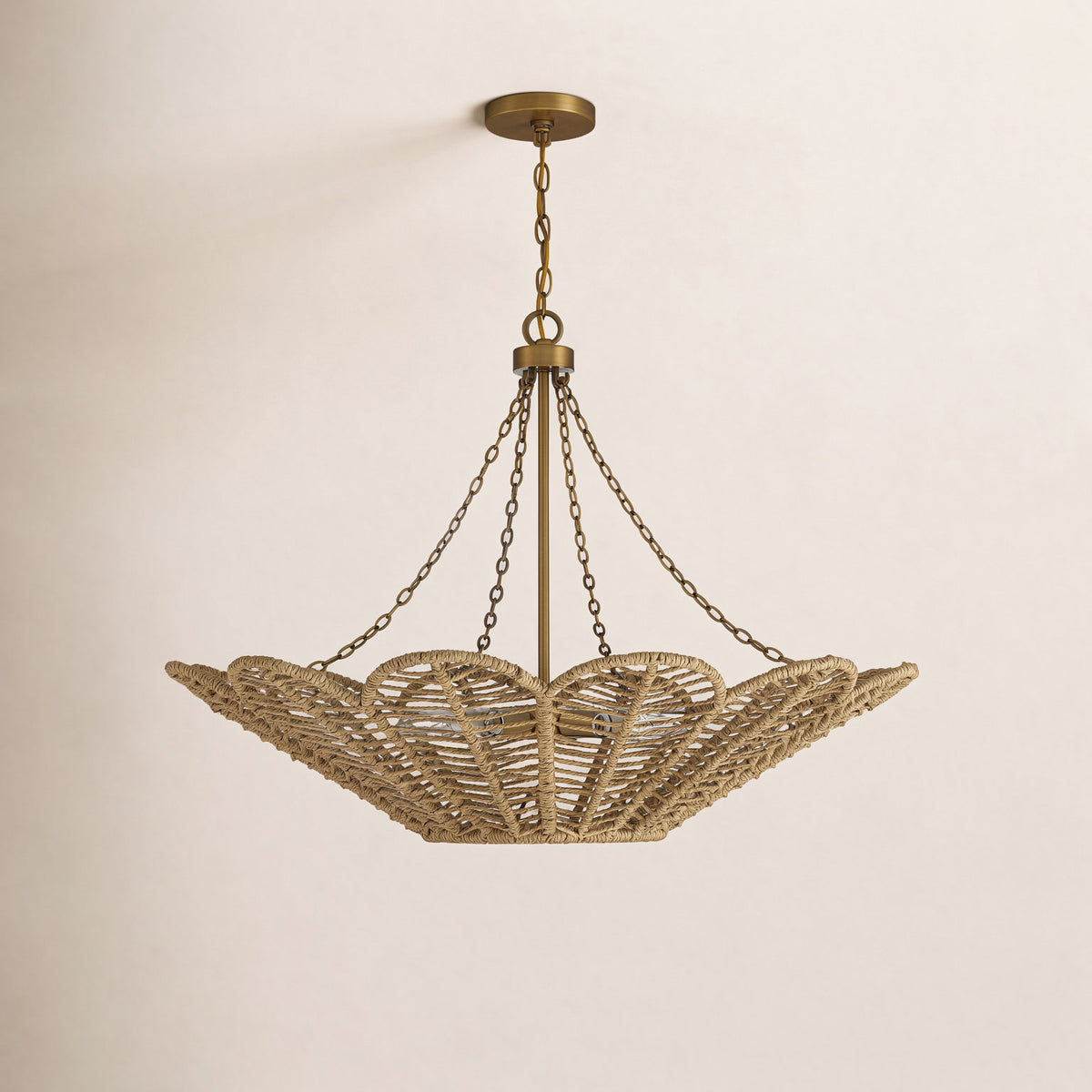 Chandelier, 5-Light, Tan Rope Shade with Warm Brass Metal Fixture