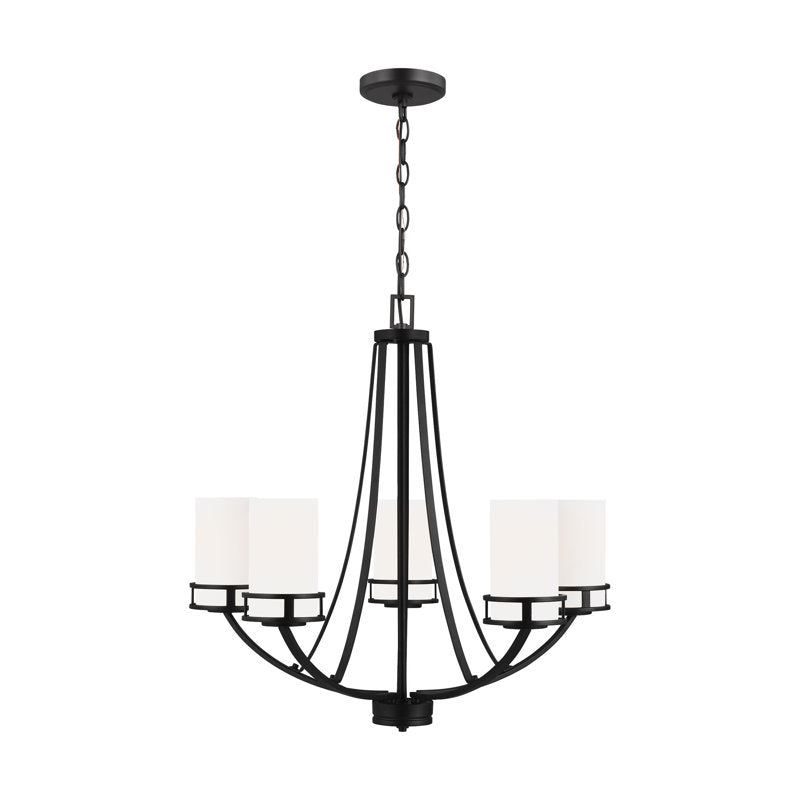 Chandelier, 5-Light, White Glass Shades with Midnight Black Metal Frame