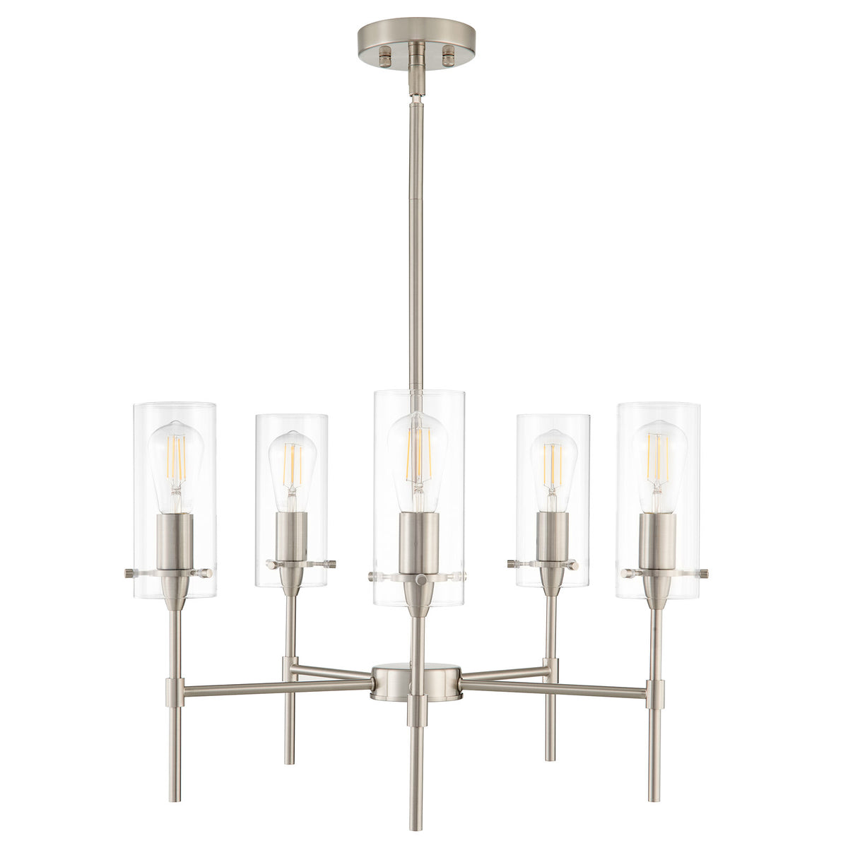 Chandelier, 5-Light with Clear Glass Shades in Brushed Nickel