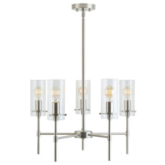 Chandelier, 5-Light with Clear Glass Shades in Brushed Nickel