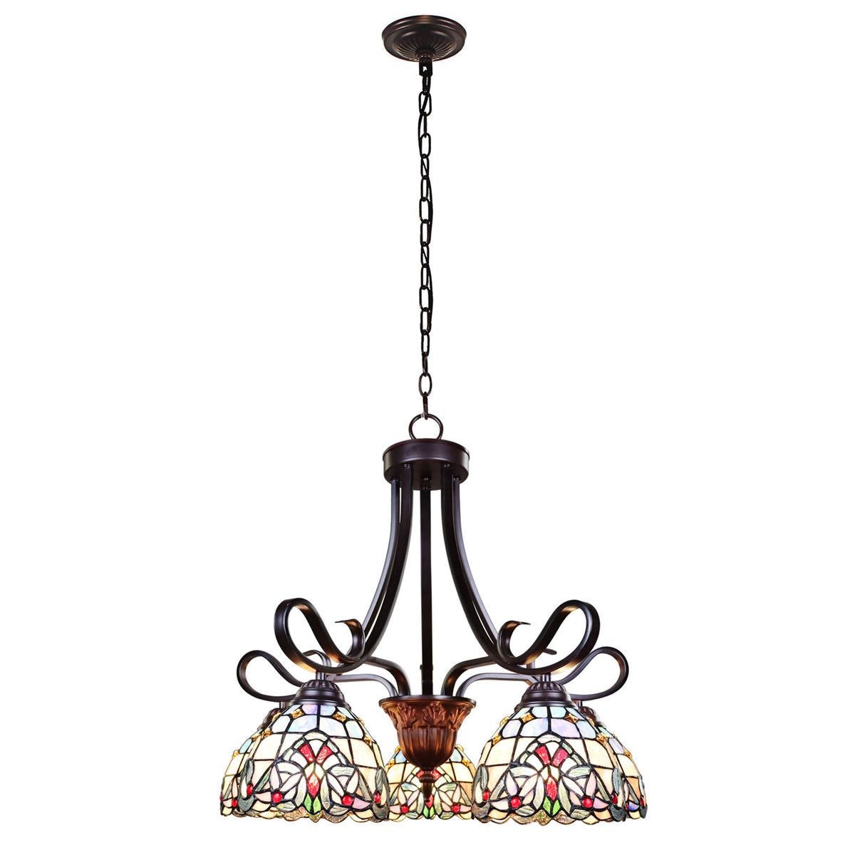 Chandelier, 5-Light with Stained Glass Shades in Dark Bronze