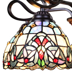 Chandelier, 5-Light with Stained Glass Shades in Dark Bronze