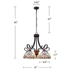 Chandelier, 5-Light with Stained Glass Shades in Dark Bronze