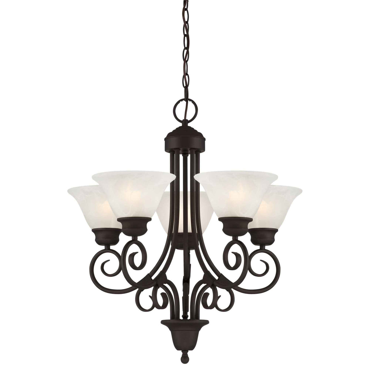 Chandelier, 5-Light with White Alabaster Glass in Antique Bronze