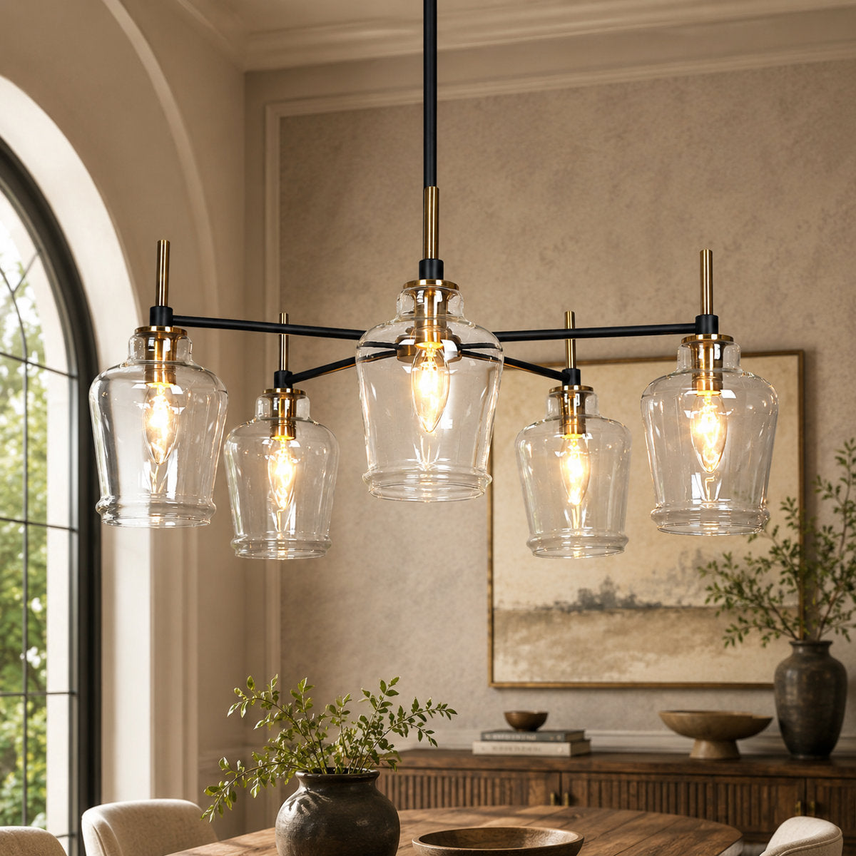 Chandelier, 5 Lights, Clear Glass Shades with Black Arms and Gold Hub