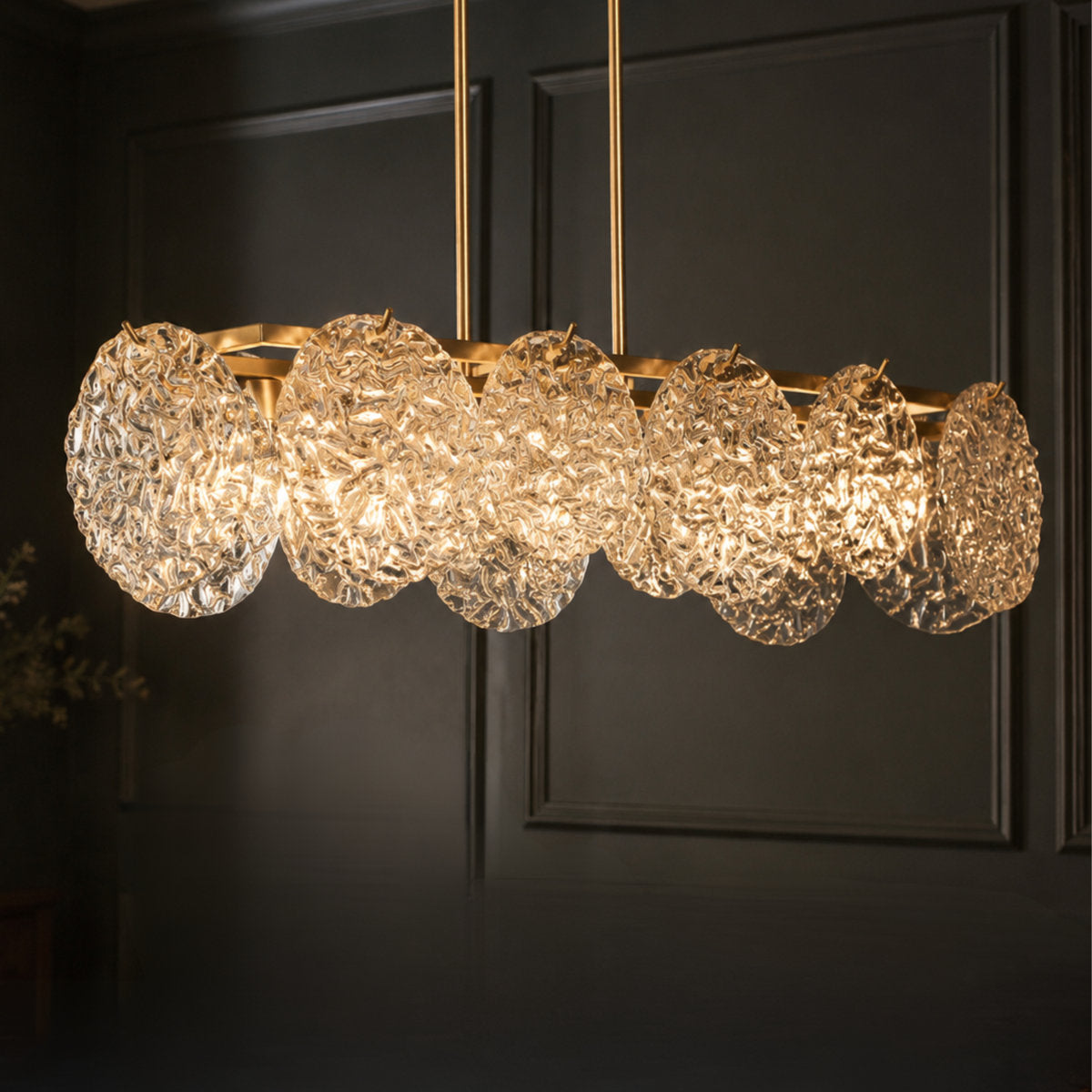 Chandelier, 5 Lights, Gold Metal with Clear Water Glass Shades
