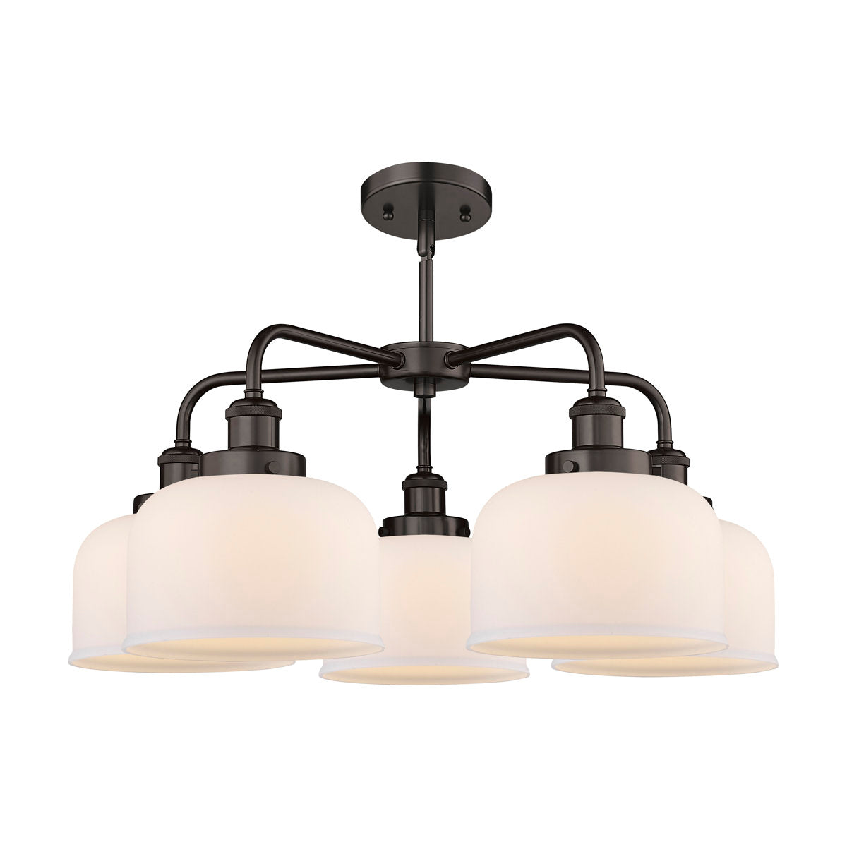 Chandelier, 5 Lights in Oil Rubbed Bronze with Matte White Glass Shades