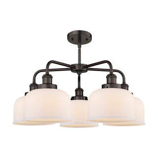 Chandelier, 5 Lights in Oil Rubbed Bronze with Matte White Glass Shades