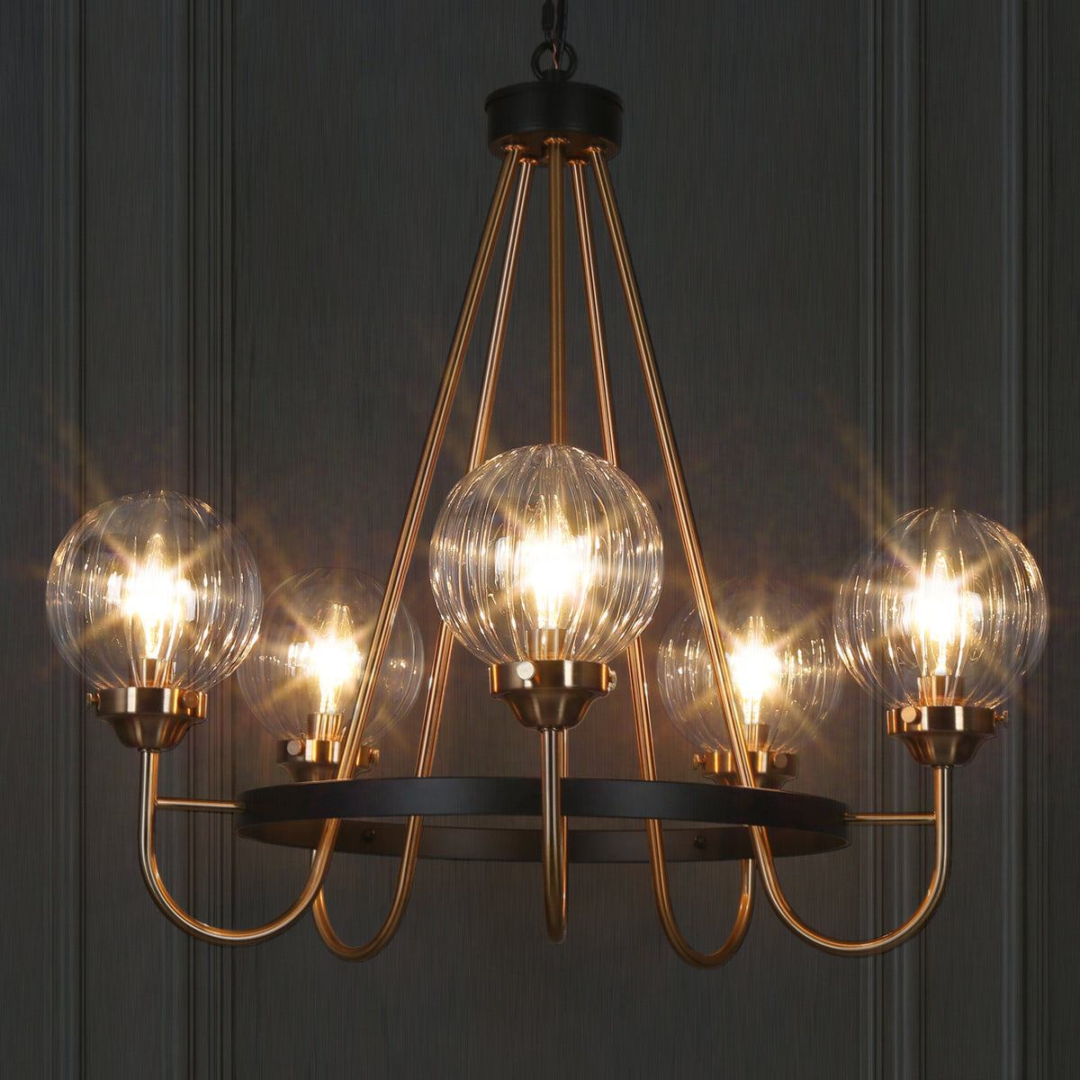 Chandelier, 5 Lights, Polished Brass and Matte Black with Clear Glass Shades