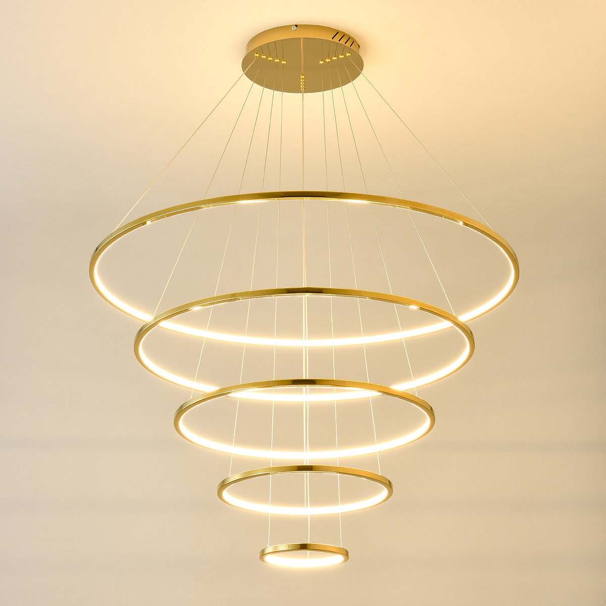 Chandelier, 5-Ring Dimmable LED, Gold Metal and Acrylic