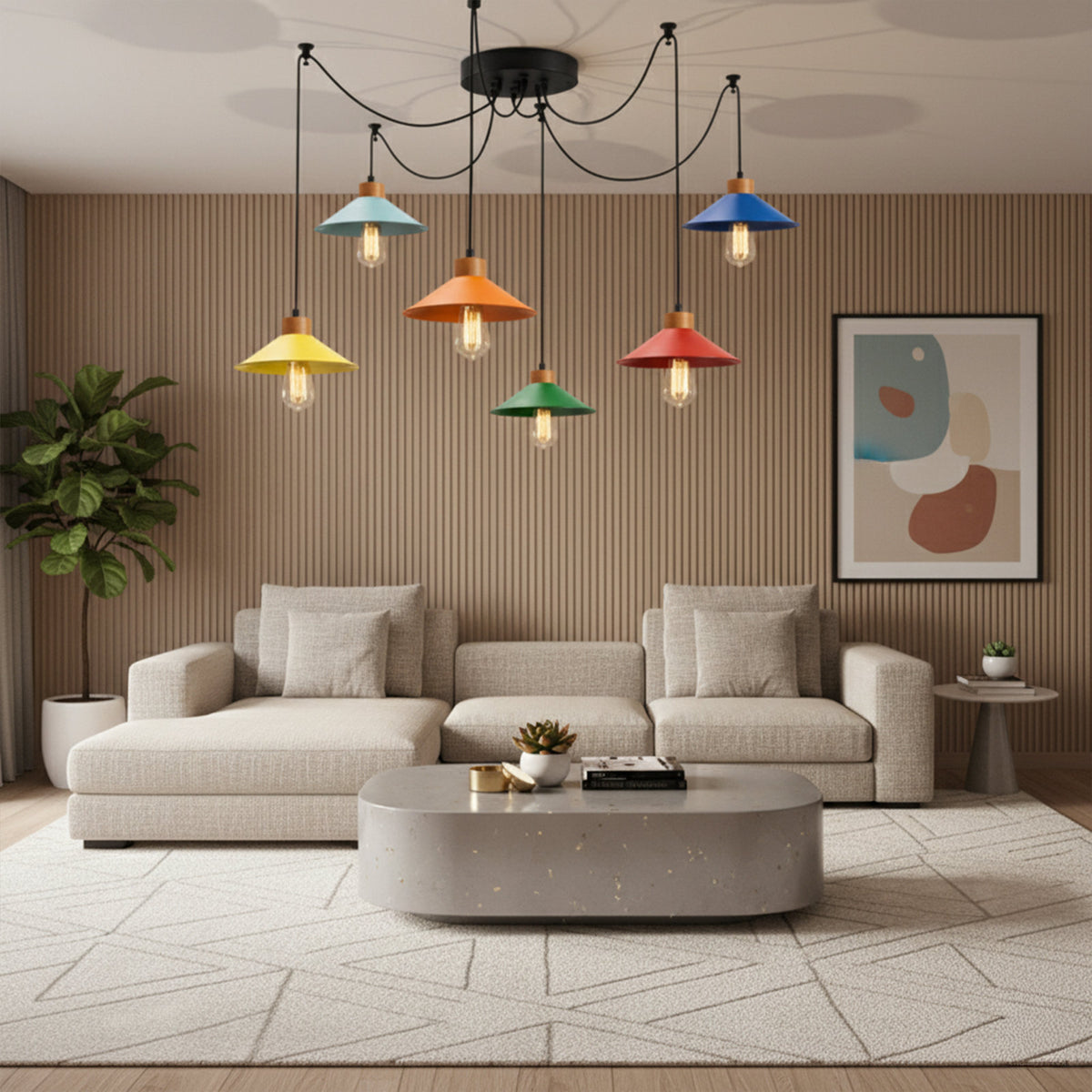 Chandelier, 6 Adjustable Lights, Metal with Wood Shade Accents