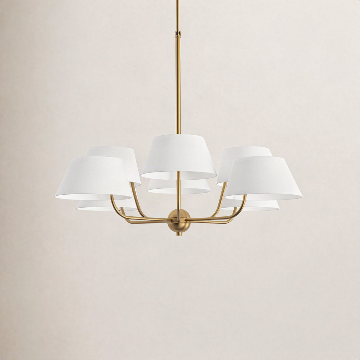 Chandelier, 6-Light, 21.5 in H x 40 in W, Aged Brass with White Shades