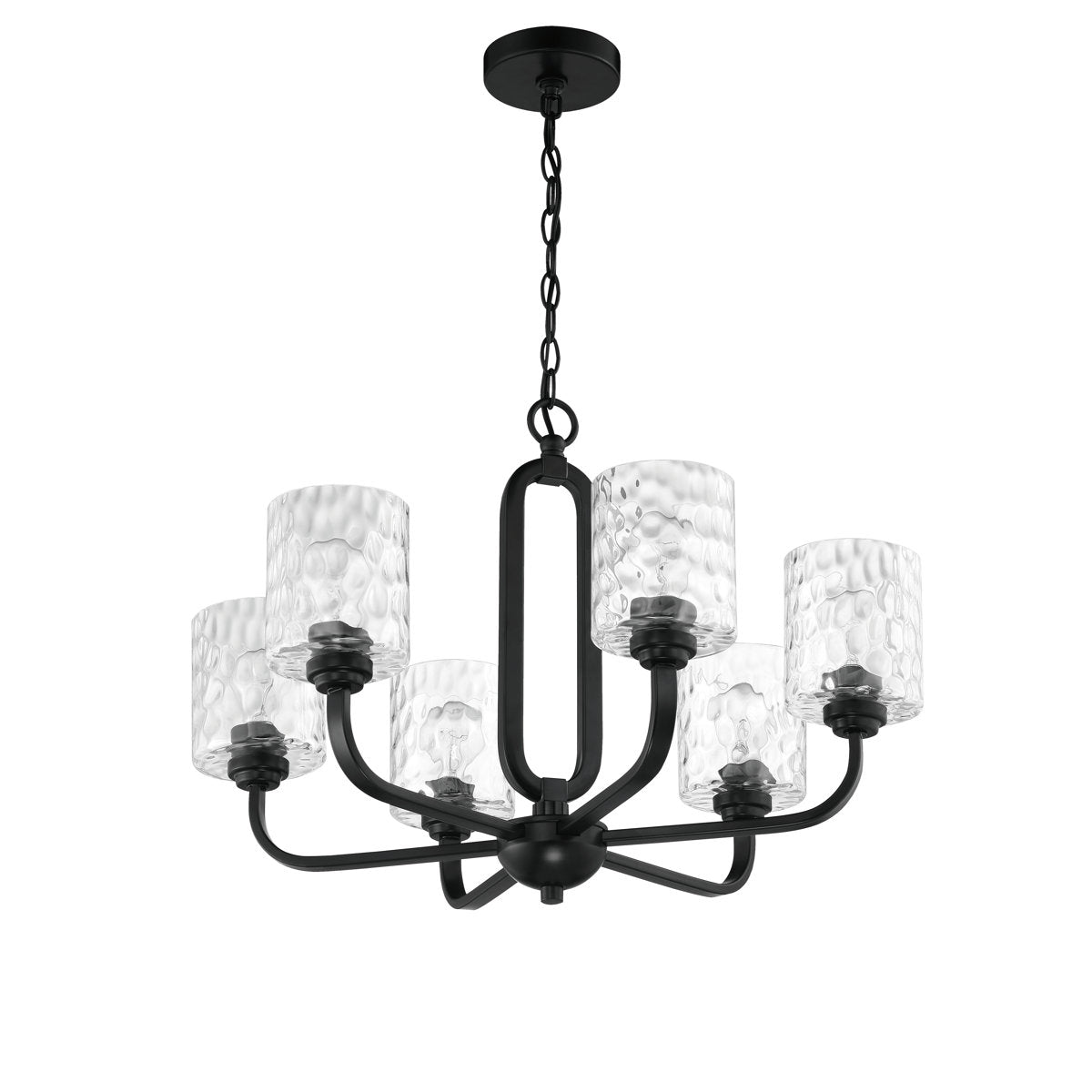 Chandelier, 6-Light, Black Steel with Clear Hammered Glass Shades