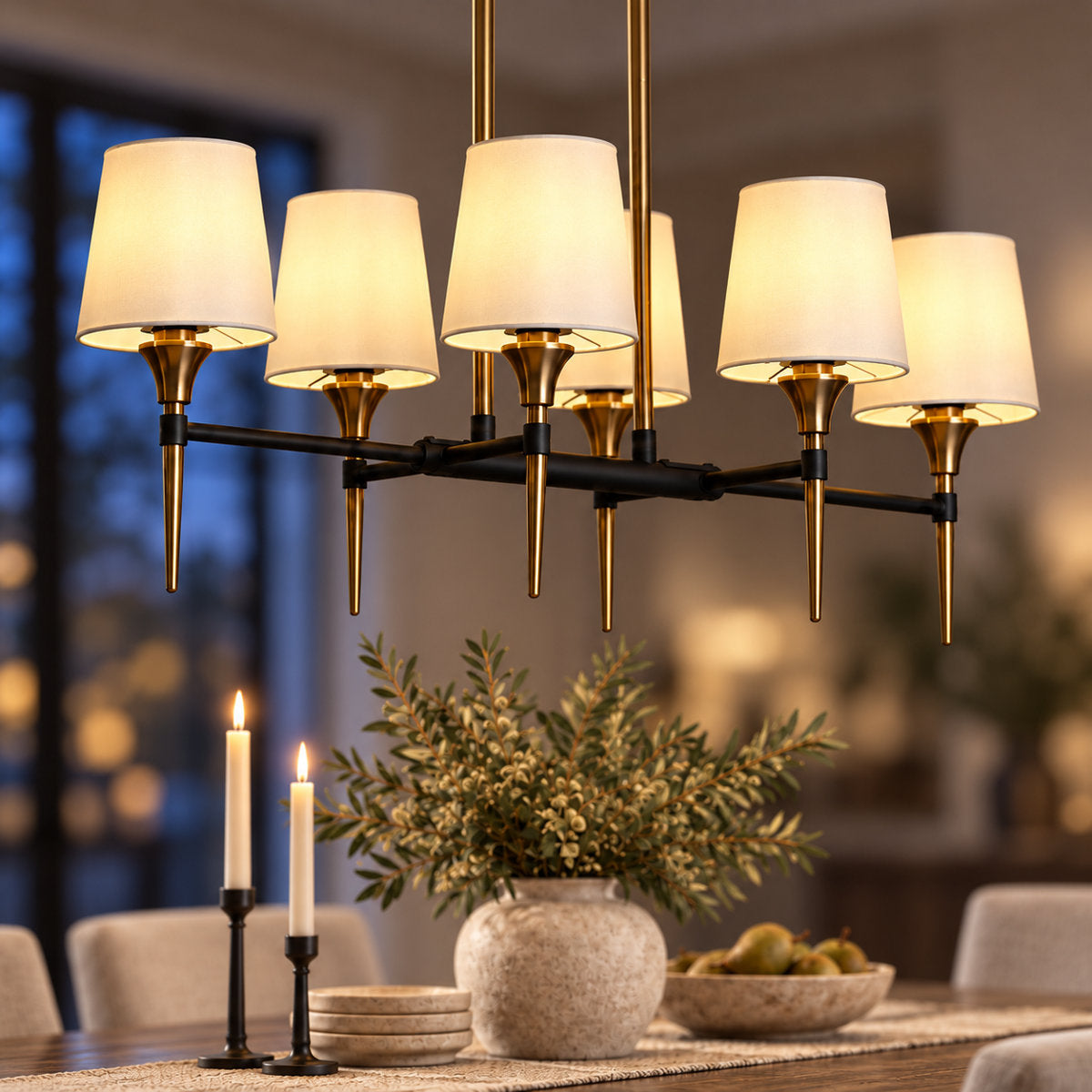 Chandelier, 6-Light, Brass Finish with Fabric Drum Shades