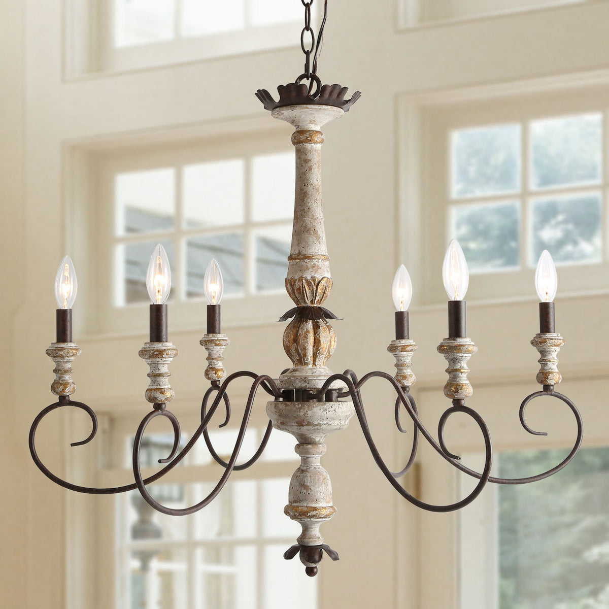 Chandelier, 6-Light Candle Style, Antique Bronze Birch Wood