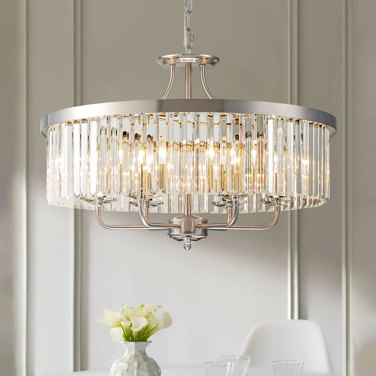Chandelier, 6-Light, Clear Crystal Shades with Chrome Finish