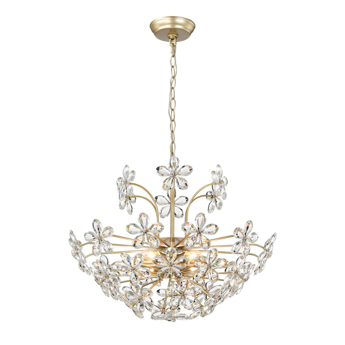 Chandelier, 6-Light Crystal Daisy Flower Design in Brushed Silver-ish Champagne