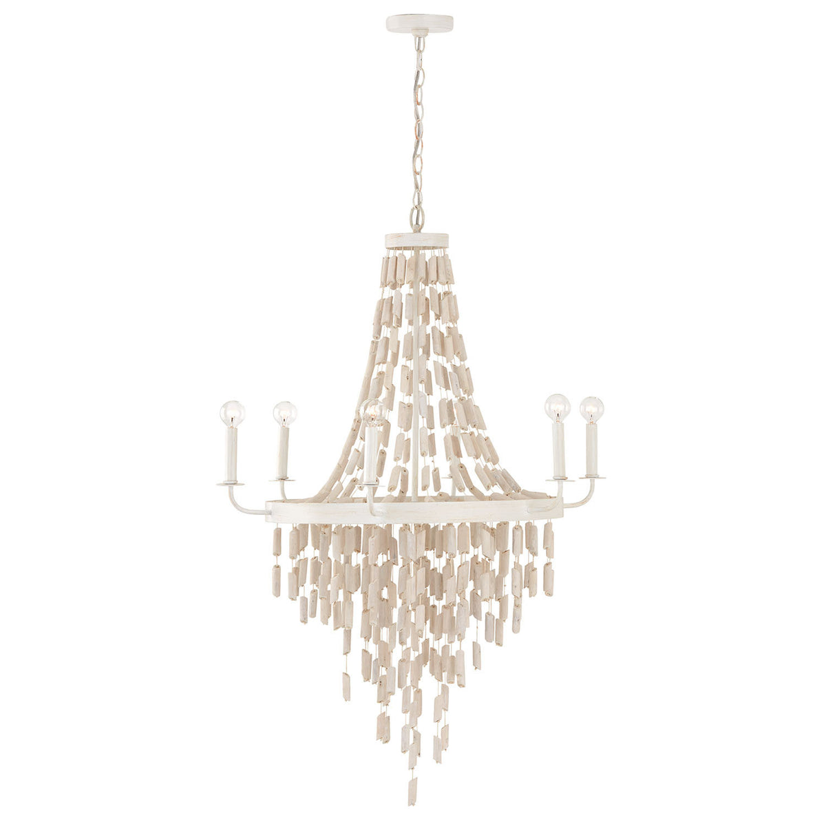 Chandelier, 6-Light, Eucalyptus Beads with Metal Frame in White