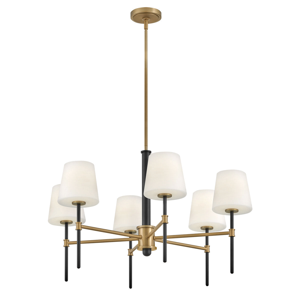 Chandelier, 6-Light, Frosted Glass Shade in Black and Lacquered Brass