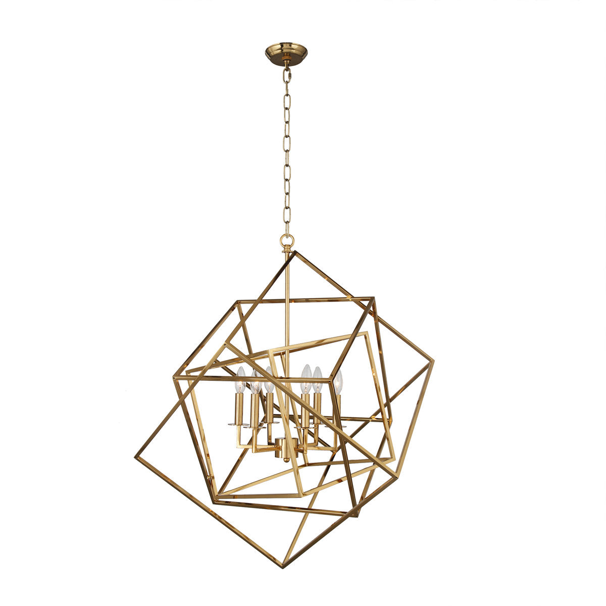 Chandelier, 6-Light Geometric Cube Frame in Gold Metal