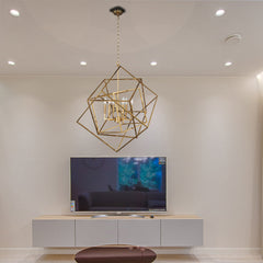 Chandelier, 6-Light Geometric Cube Frame in Gold Metal