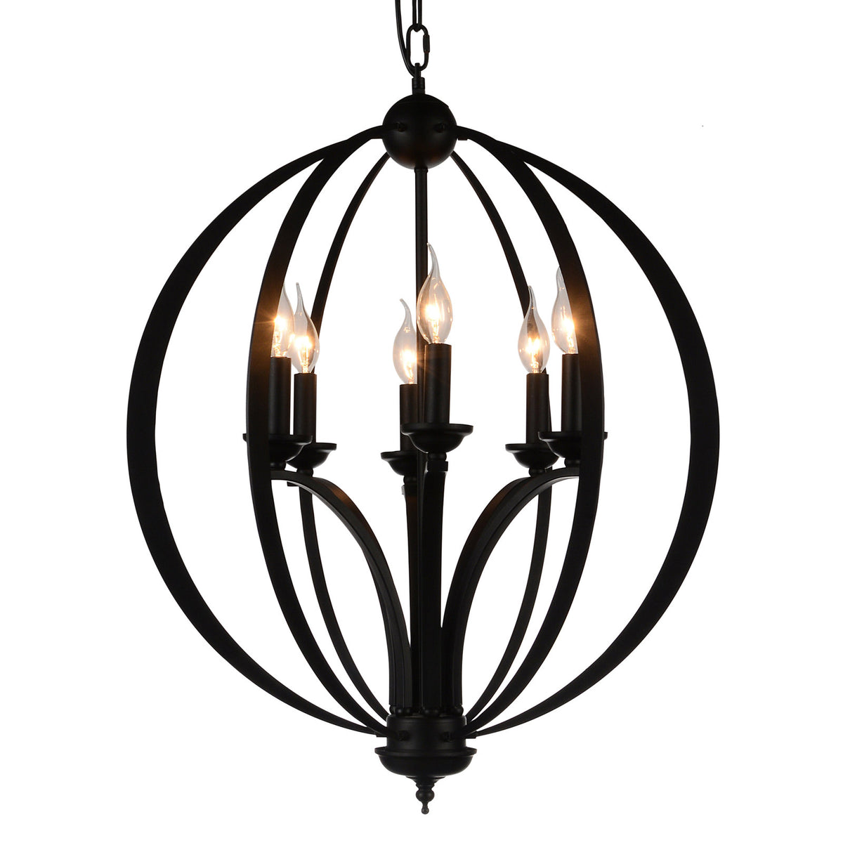 Chandelier, 6-Light Globe with Open Metal Frame in Satin Black