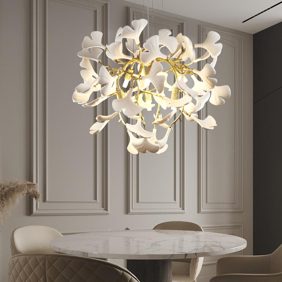 Chandelier, 6-Light, Gold Aluminum with White Ceramic Ginkgo Leaves