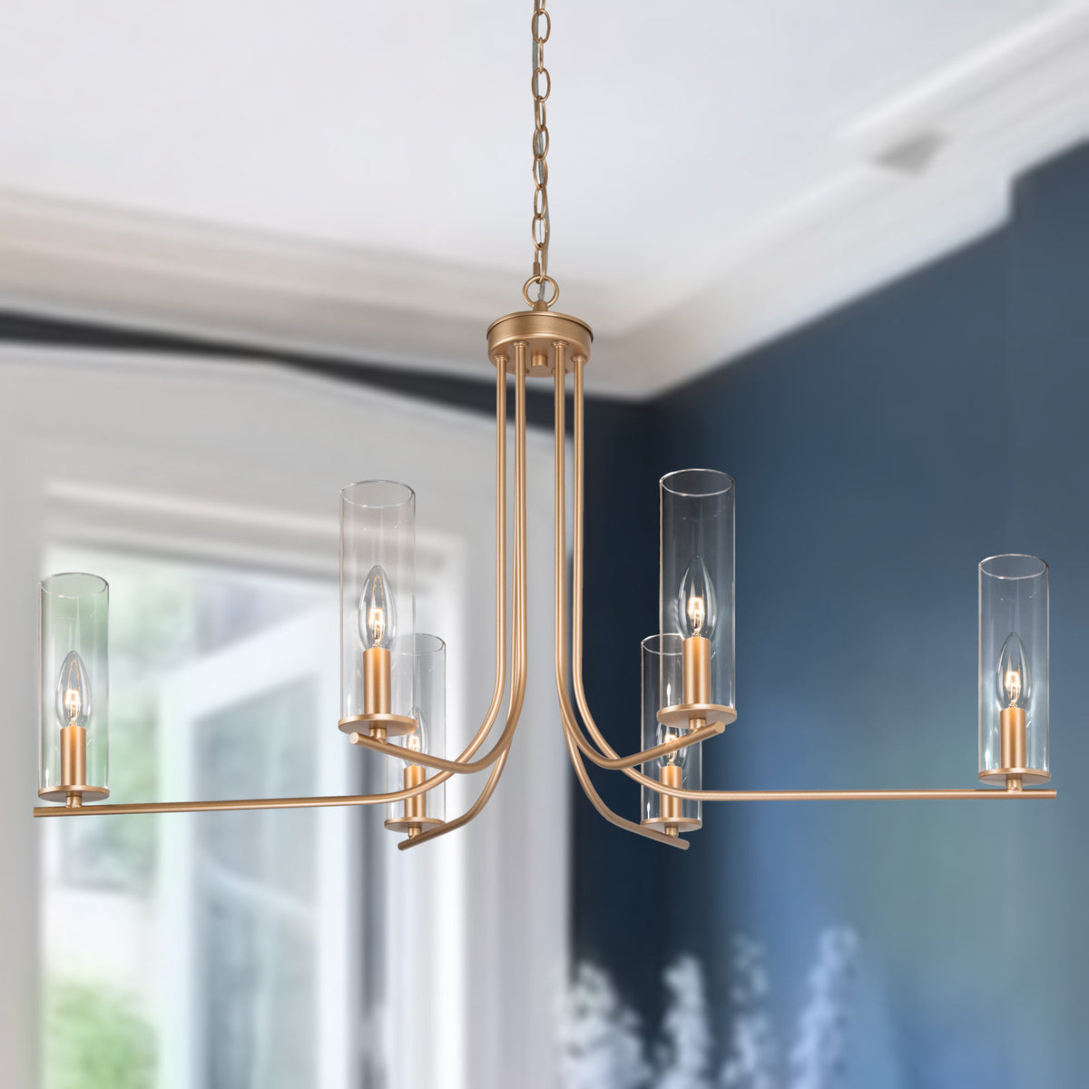 Chandelier, 6-Light, Gold Metal with Clear Glass Shades