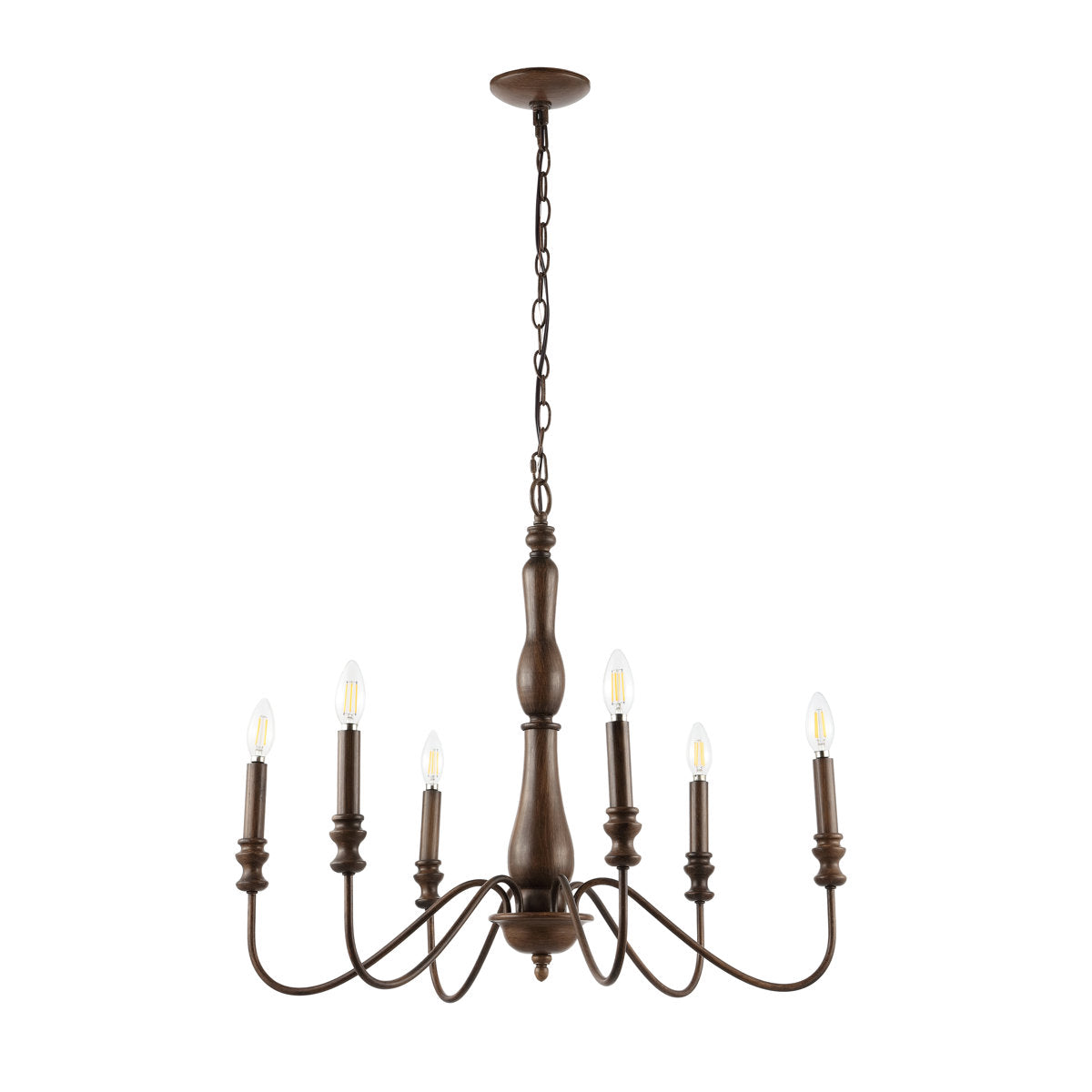 Chandelier, 6-Light Iron in Dark Brown Wood Finish