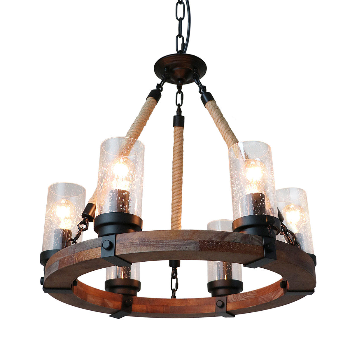 Chandelier, 6-Light, Matte Black and Walnut Metal with Hemp Rope Arms