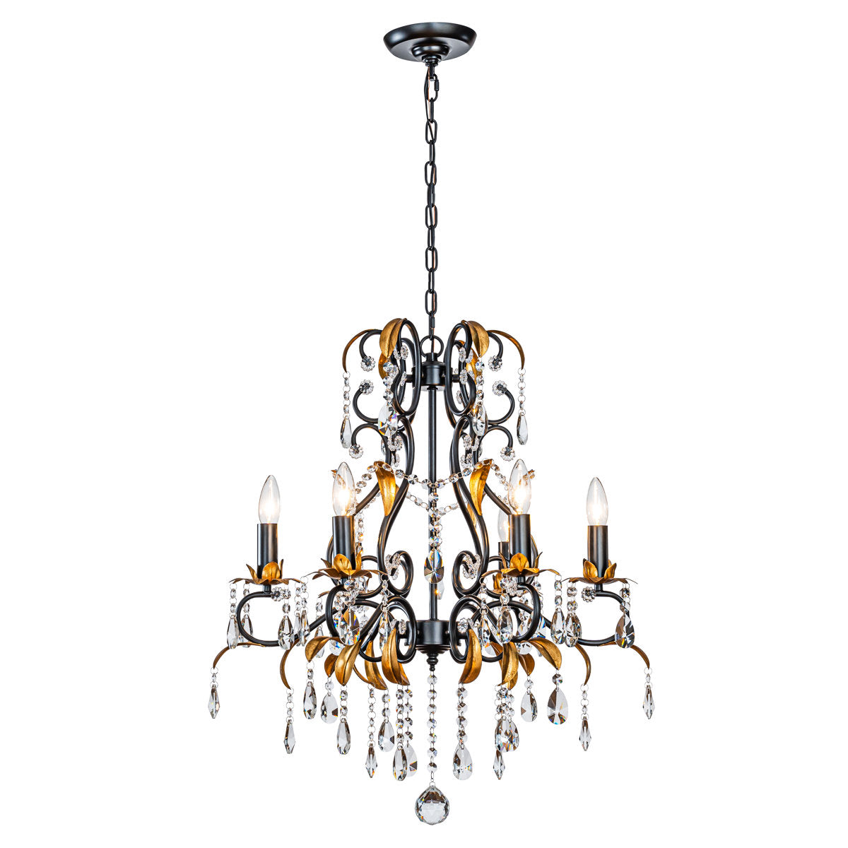 Chandelier, 6-Light, Matte Black Metal with Clear Crystals