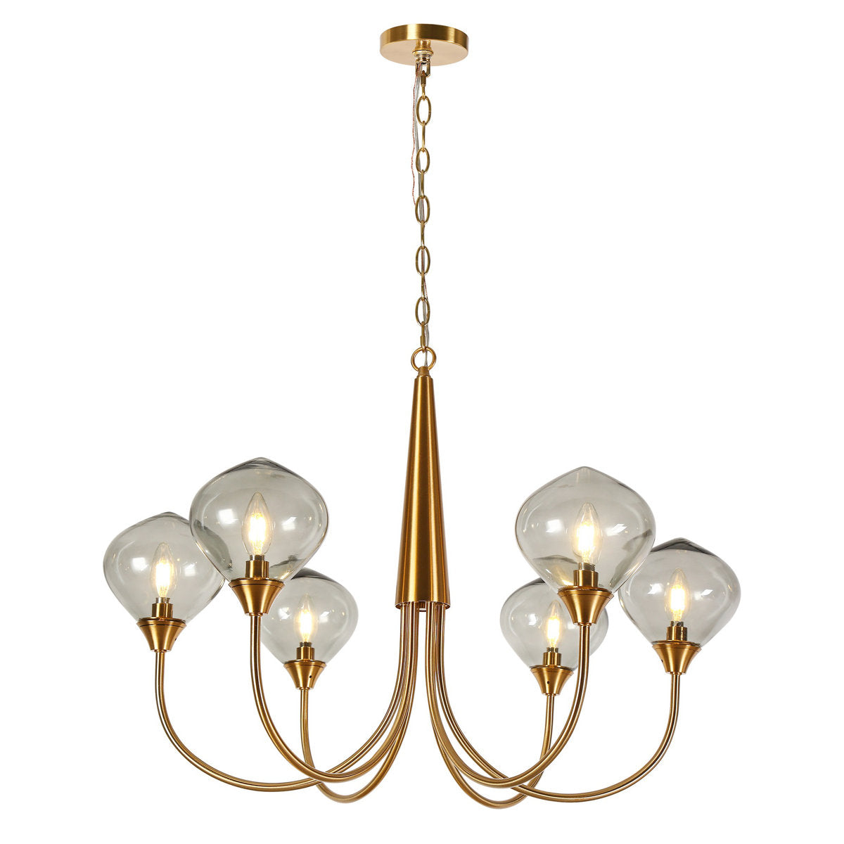 Chandelier, 6-Light Metal in Copper Finish with Gray Smoky Glass Shades