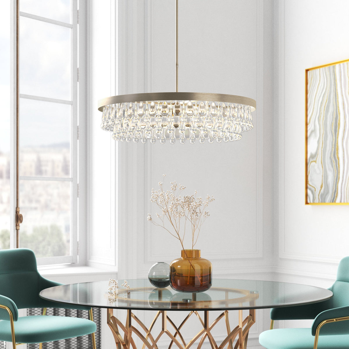 Chandelier, 6-Light Metal with Crystal Teardrops in Brushed Champagne Silver