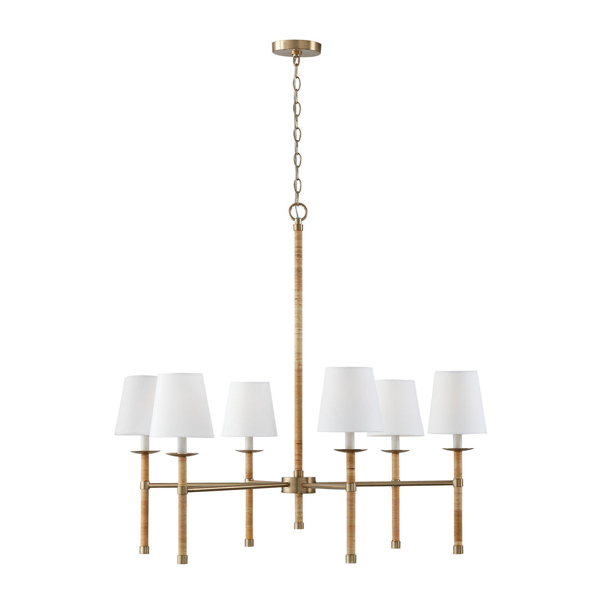 Chandelier, 6-Light, Rattan-Wrapped Metal in Brass with White Drum Shades