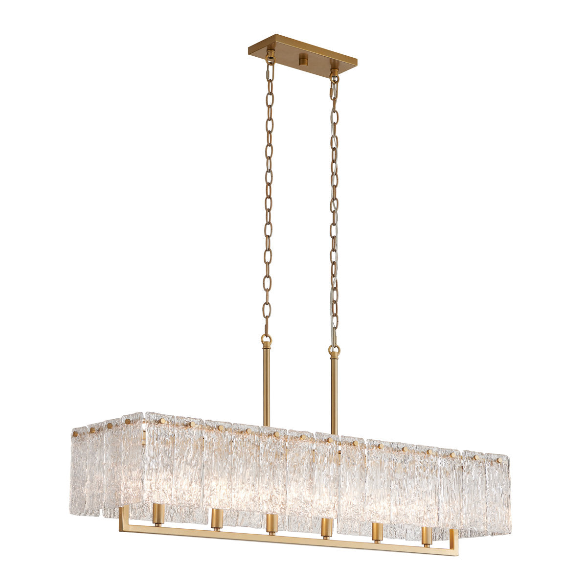 Chandelier, 6-Light Rectangular, Clear Glass with Gold Metal Frame
