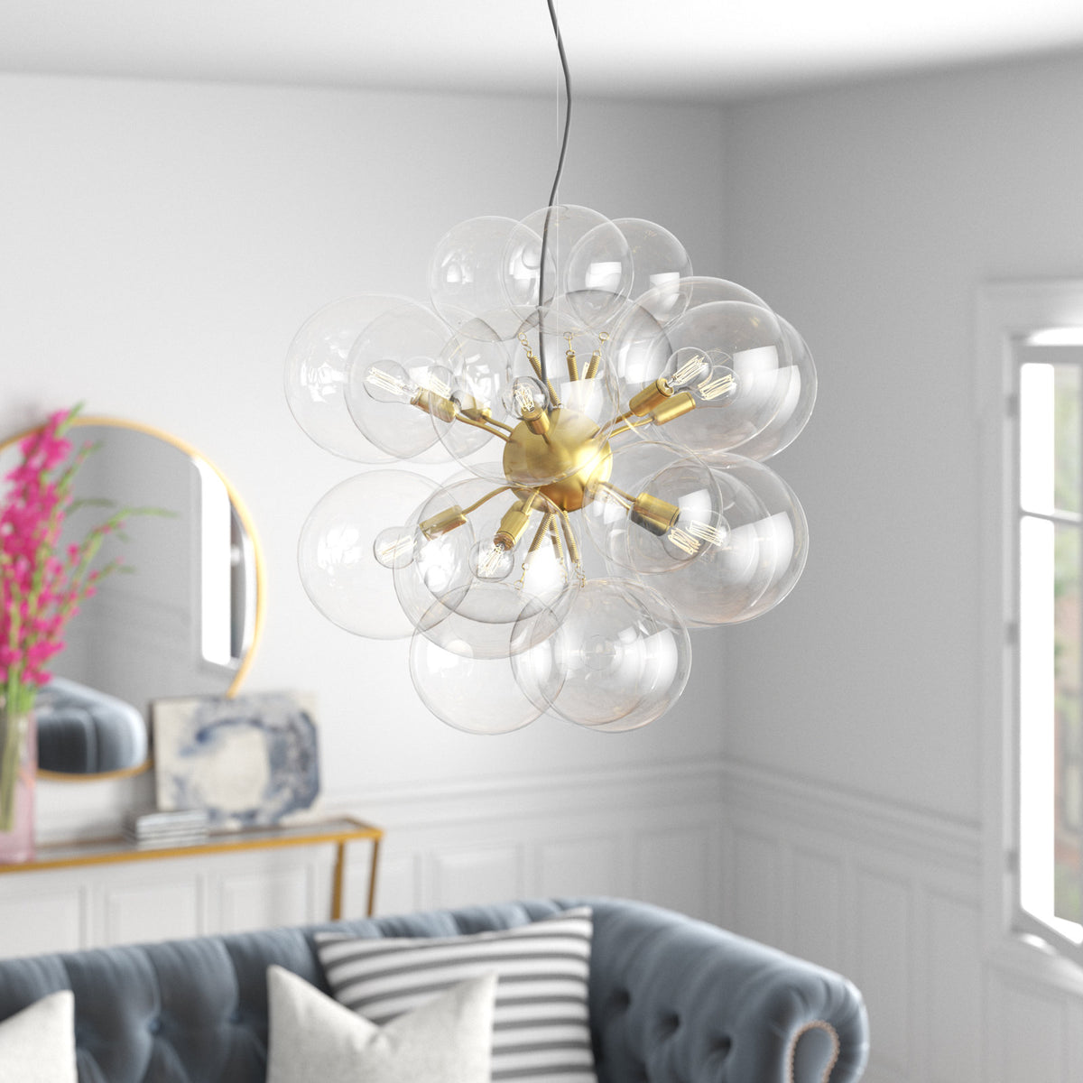 Chandelier, 6-Light Sphere with Clear Glass Shades and Metal Frame