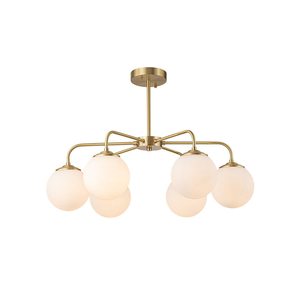 Chandelier, 6-Light Sputnik Sphere with White Glass Shades in Brass