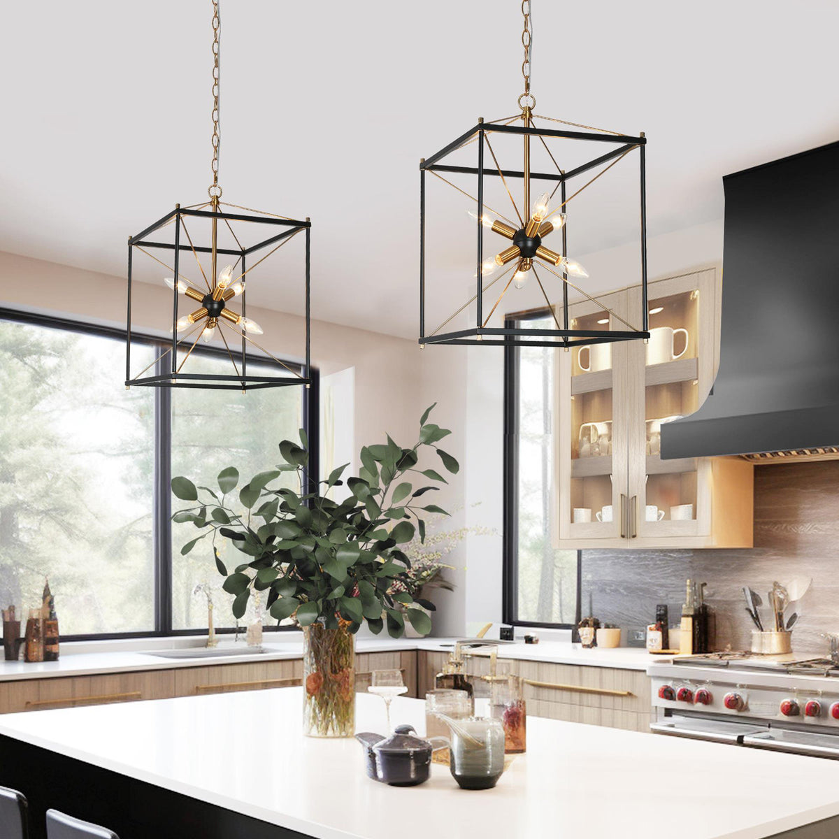 Chandelier, 6-Light Square Open Cage in Matte Black and Brass