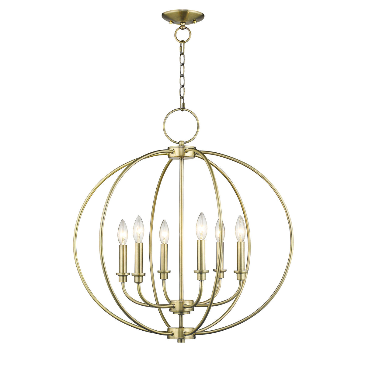 Chandelier, 6-Light Steel in Antique Brass Finish