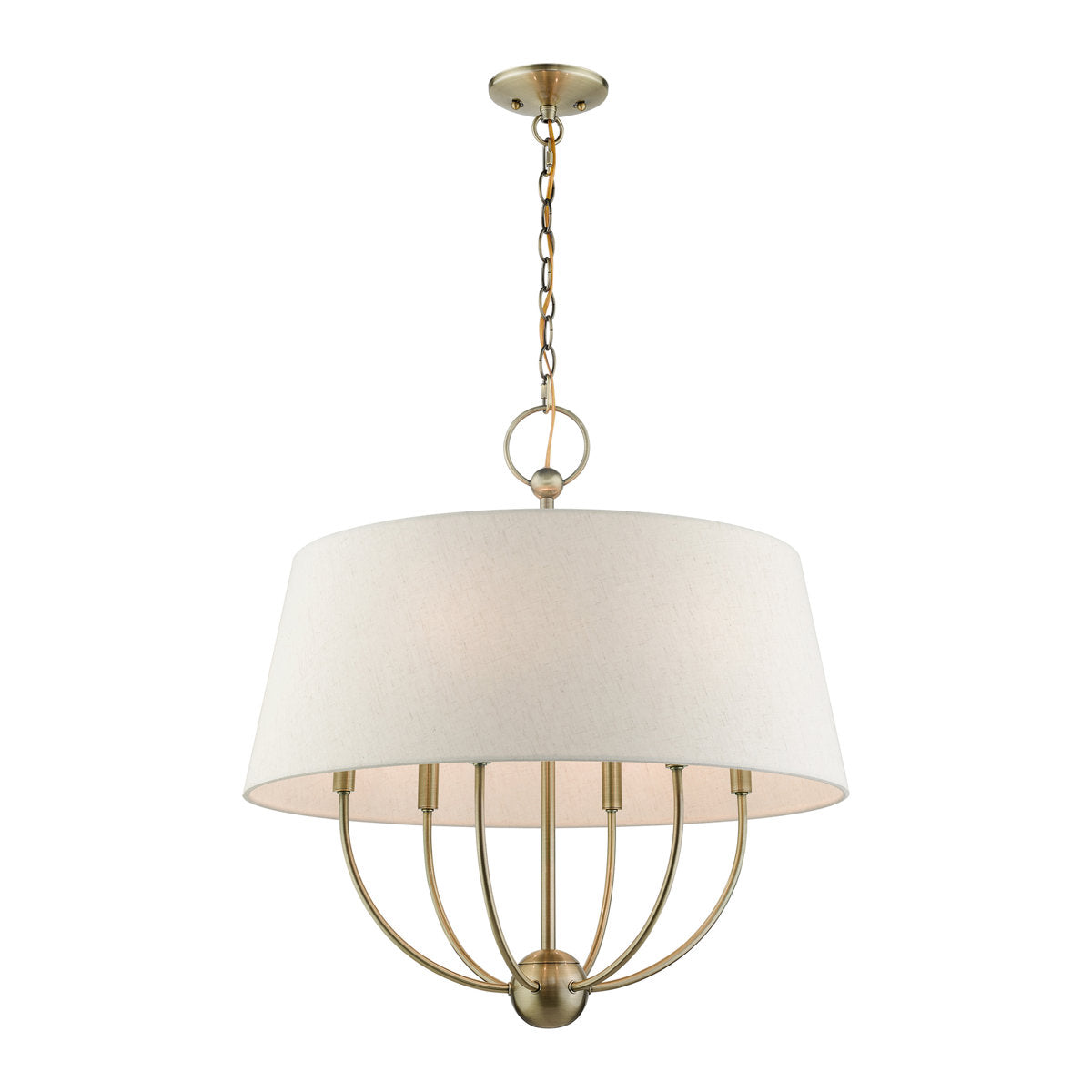 Chandelier, 6-Light Steel with Linen Blend Drum Shade in Antique Brass
